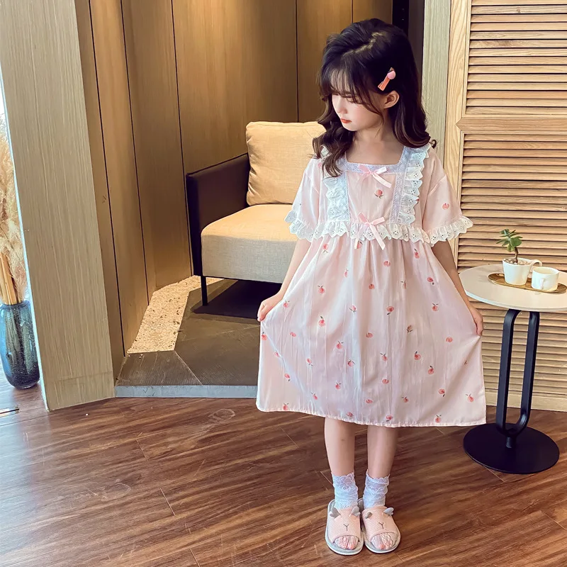 

Children's Nightdress Girls Fairy Peach Skirt Home Wear Summer Pajamas Thin Ice Silk Short Sleeve Nightgown 01038