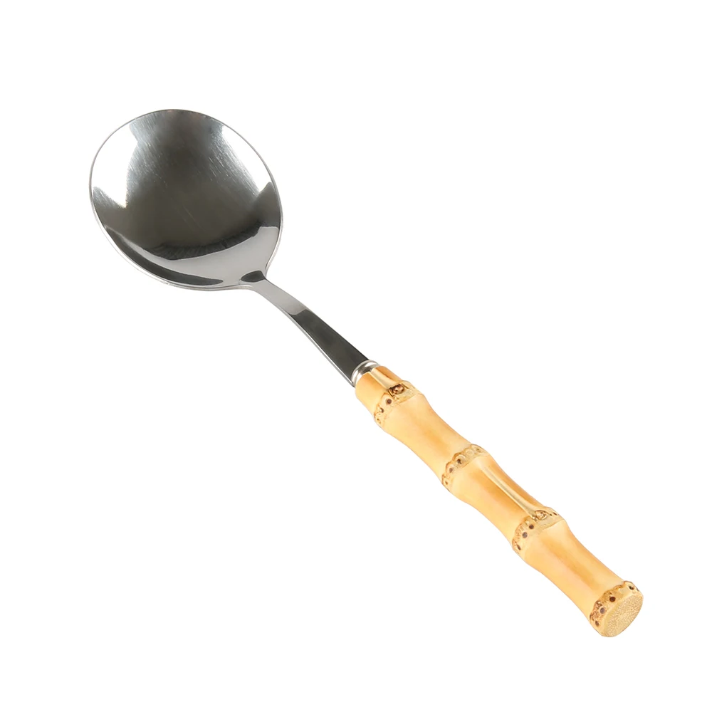 

Hotel Restaurant Household Tableware Big Round Stainless Steel Long Bamboo Root Wooden Handle Serving Spoon