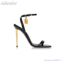 abesire new womens sandals lock decor round toe buckle high heels summer black shoes for women fashion stilettos zapatos mujer