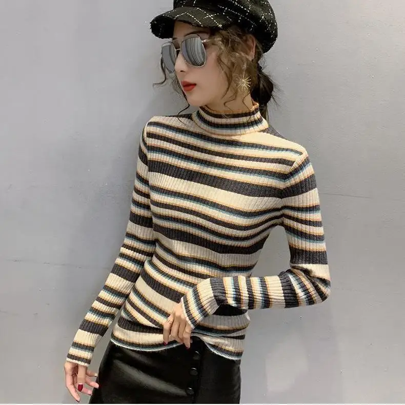 

Новинка 2020, осенне-зимний тонкий полосатый свитер с полувысоким воротником, сочетающийся цвет с зарубежным нижним бельем для женщин
