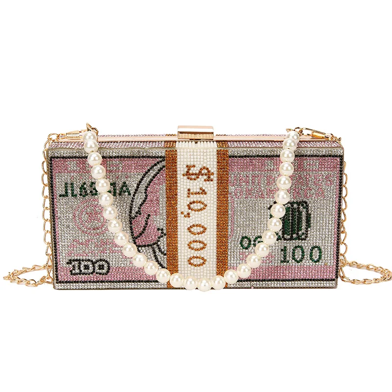 

2020 Luxury Tote Bag Stack of Cash Crystals Women Money Dinner Purses and Handbags Evening Clutch Bags Diamond Chain Wedding