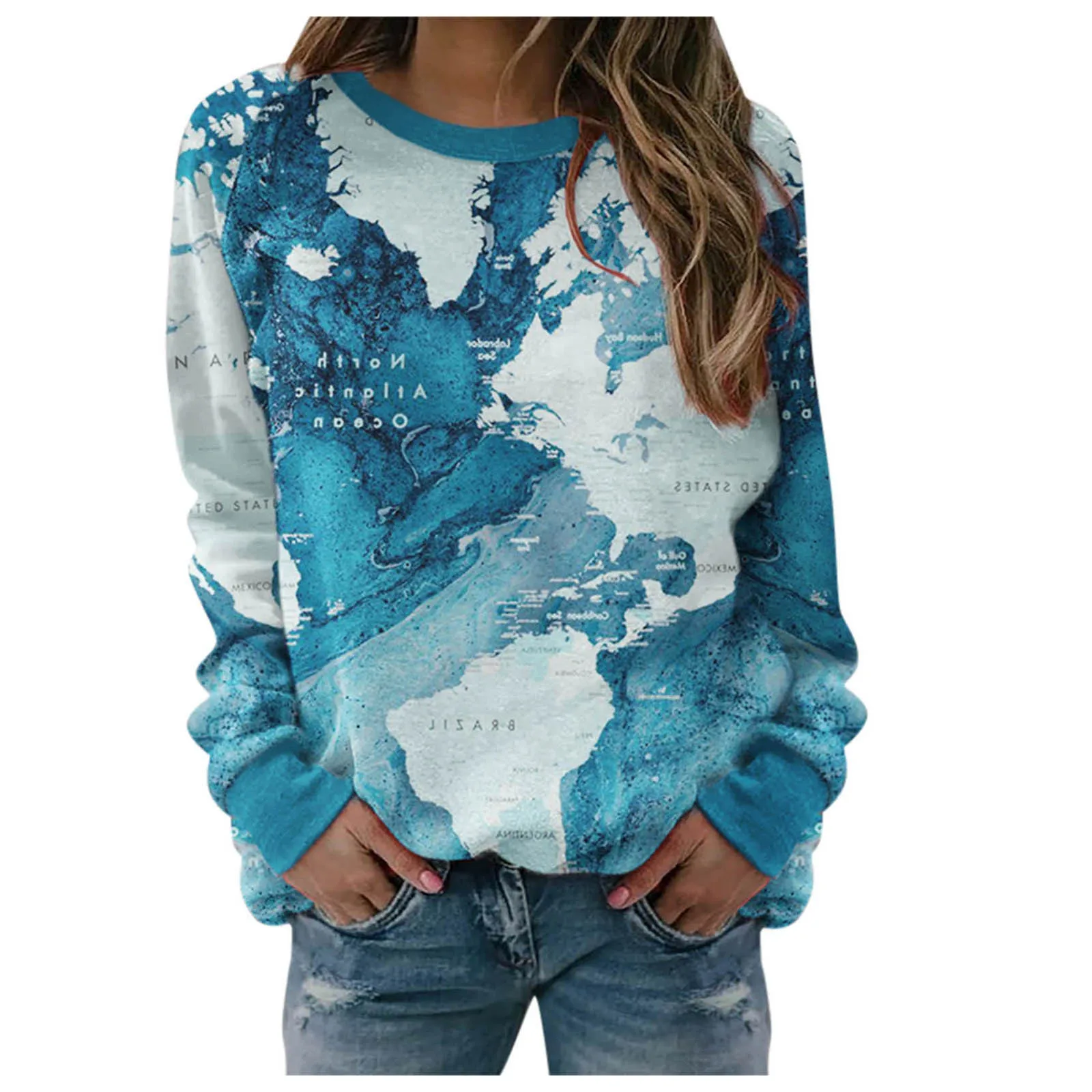 Женские толстовки с принтом карты мира винтажный свитшот круглым вырезом и
