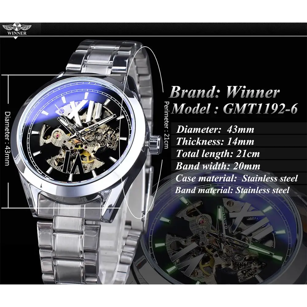 Winner Blue Light Glass Design Black Silver Automatic Watch Business Stainless Steel Band Waterproof Luminous Mechanical | Наручные часы