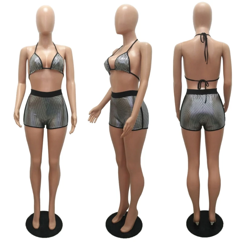 

2021 Summer Style Backless Halter Crop Top And Shorts Sets For Women Glitter Two Piece Set Sexy Bodycon Bodysuit Sparkly Sequins