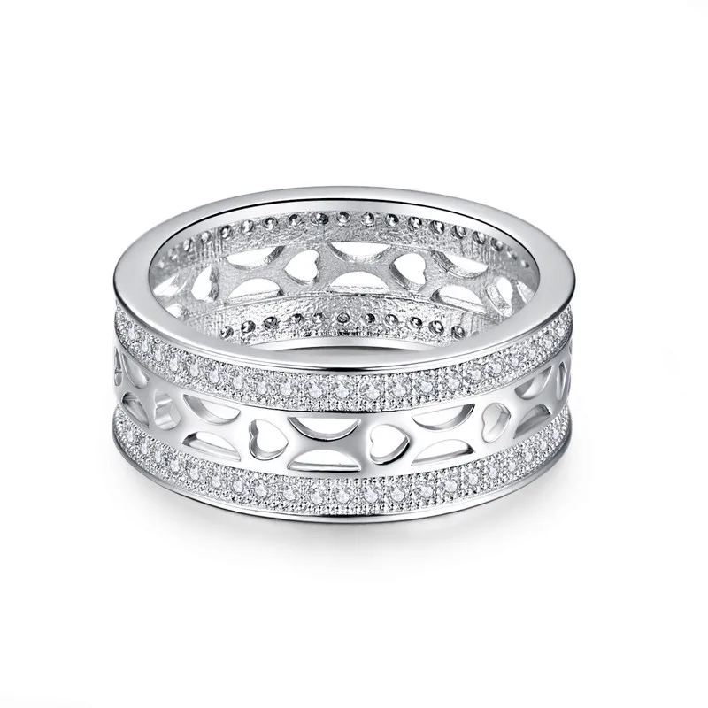 JQUEEN New Style 8MM Width Silver Color Ring Hollow Heart Double Micro Pave CZ For Women Wedding Party Jewelry | Украшения и