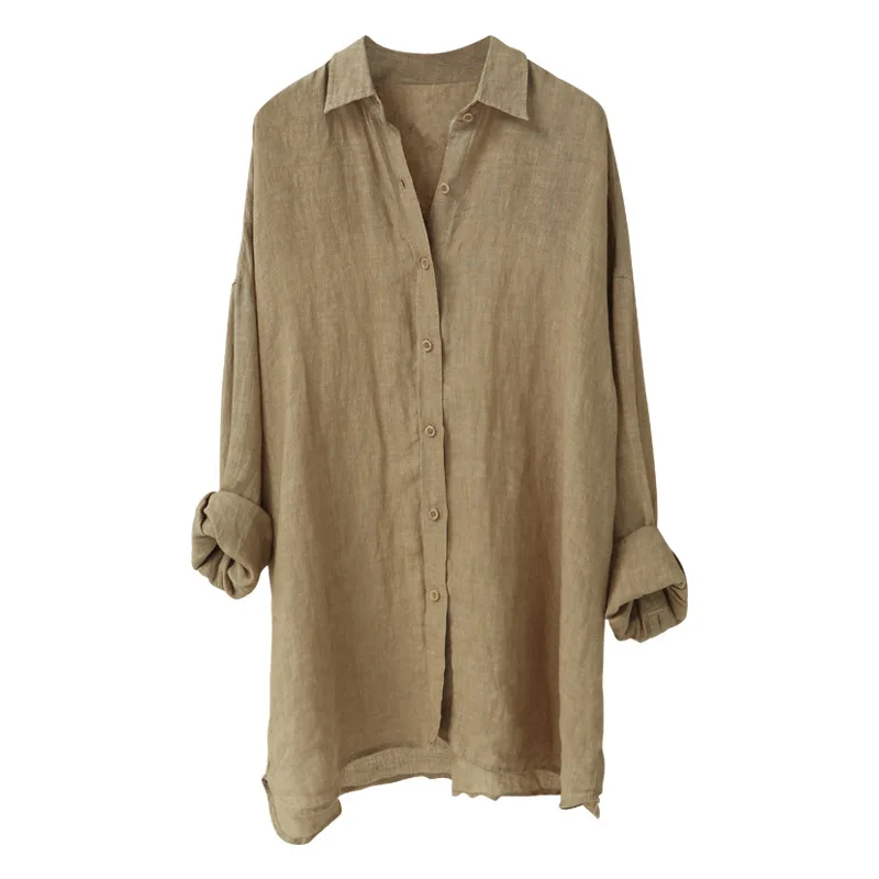 

2021 summer new product cotton and linen women's linen Japanese retro simple casual square collar loose long shirt