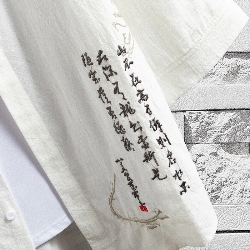 

Chinese Style Cotton and Linen Shirt Men Short-sleeved Stand-up Collar Embroidery Shirts 2021 New Fashion Casual Clothes