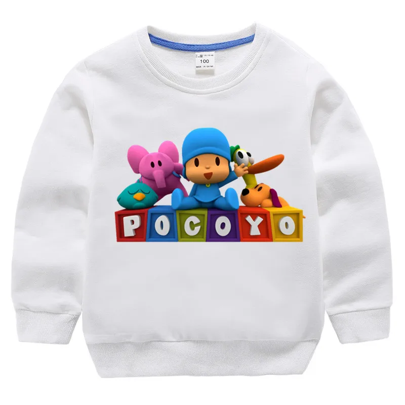 Детские хлопковые толстовки с капюшоном с принтом Pocoyo, хлопковый пуловер для девочек, топы для маленьких мальчиков, осенняя одежда