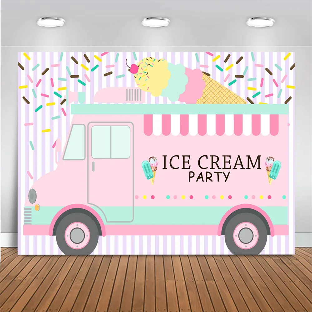 Ice Cream Party Background Pink Ice Cream Cart Baby Child Portrait Photo Background Birthday Party Decor Backdrop Photo Studio