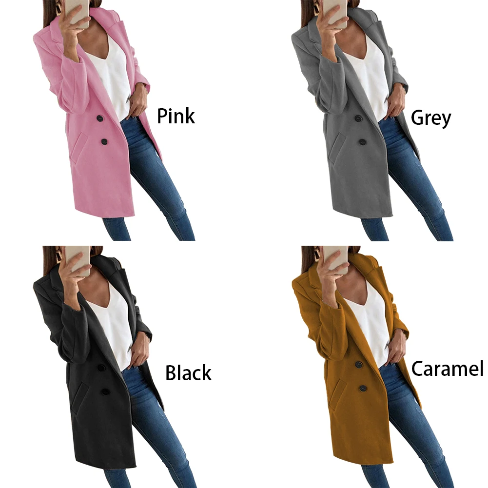 

Double Breasted Formal Slim Long Sleeve Office Fashion Solid Winter Lapel Neck Women Coat Career Casual Mid Length Outwear