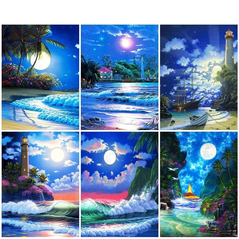 

5D Diamond Painting Night Landscape Cross Stitch Diamond Embroidery Seaside Scenery Rhinestones Wall Picture Handicraft Gift