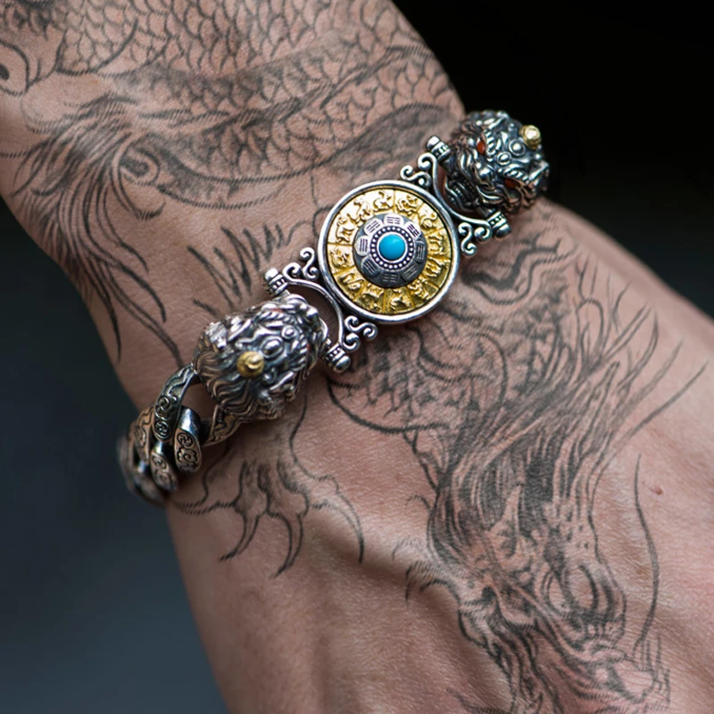 

Handmade Silver Men And Women Bracelet Double Pixiu Nine Palace Bracelet Chinese Style Retro Couple Personality Gift