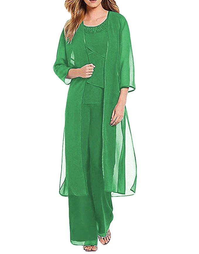 green Женский комплект из 3 предметов, шифоновое платье для матери невесты, брюки, костюм с курткой, наряд с рукавами 3/4 для свадьбы - Цвет: green
