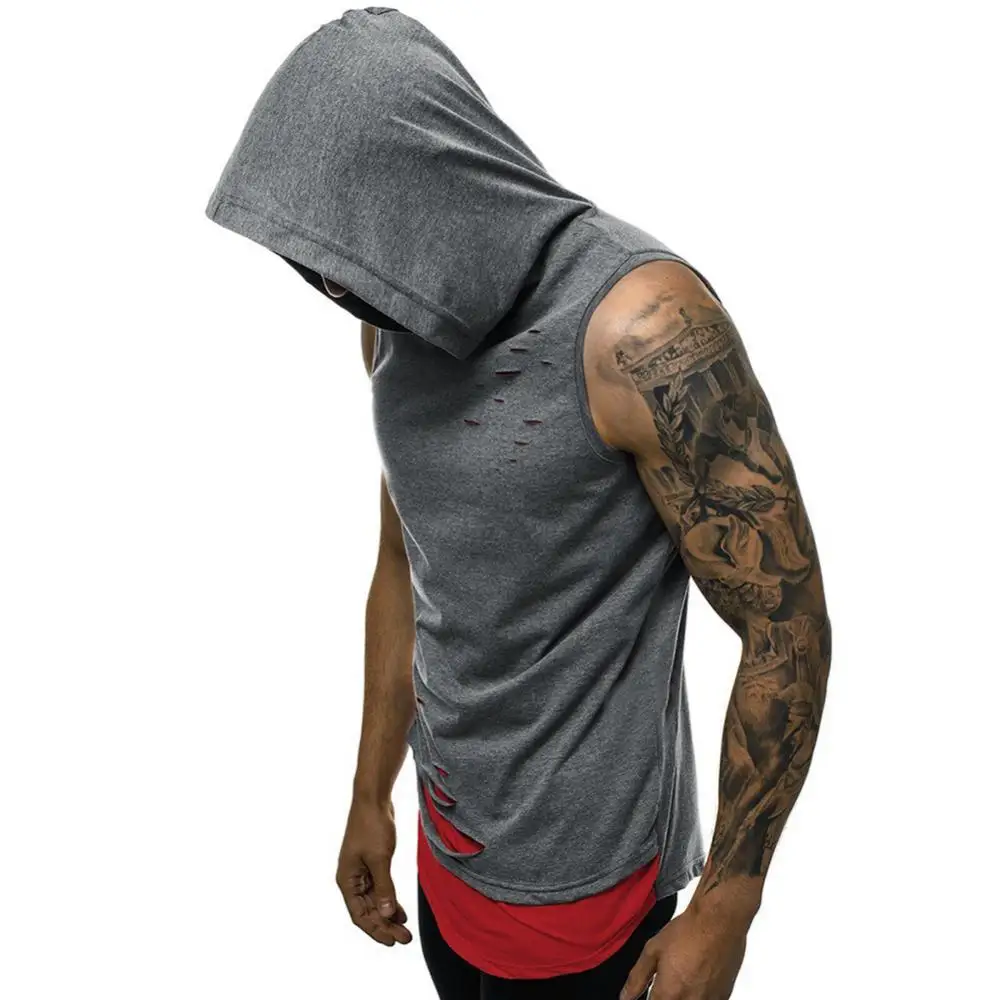 

Breathable Tank Tops Men Summer Stylish Double Layer Ripped Sleeveless Vest Sports Hoodie Blouse Sweatshirt With Hood