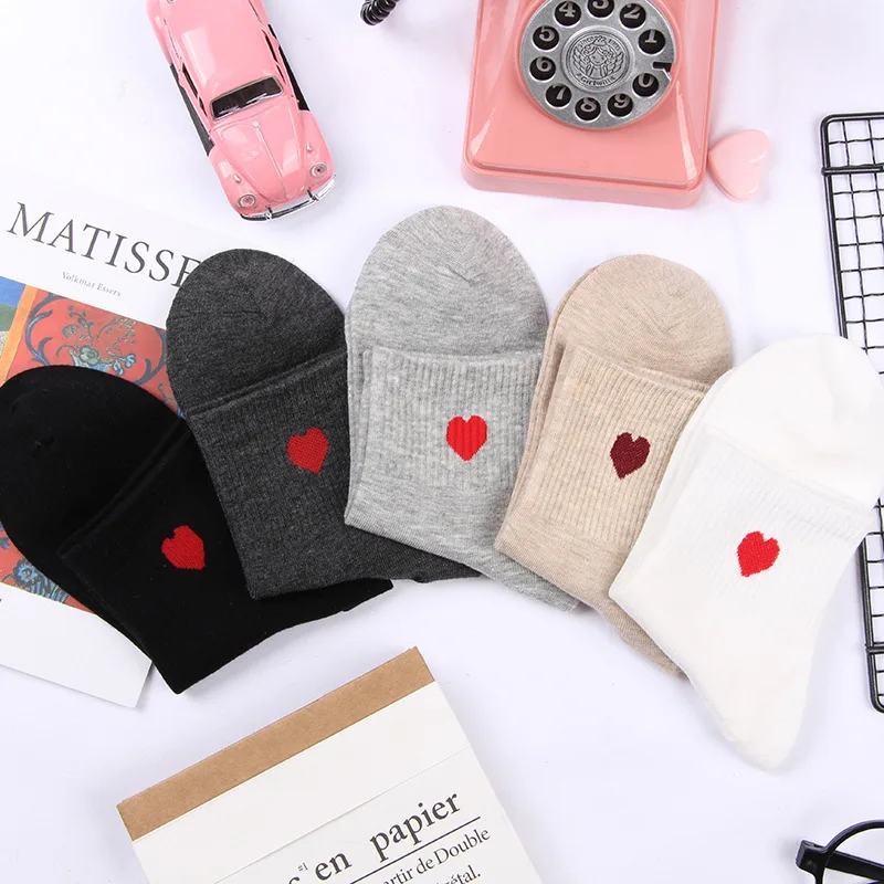 1 Pair New Cute Socks Women Red Heart Pattern Soft Breathable Cotton Ankle-High Casual Comfy Preppy Style | Женская одежда
