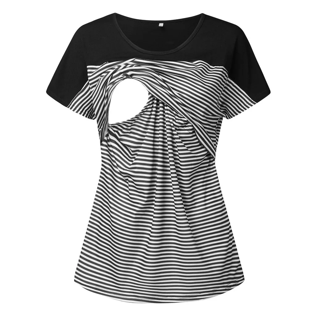 

2021New summer Pregnancy Clothes Women Maternity Short Sleeve Striped Layer Nursing T-shirt Top For Breastfeeding
