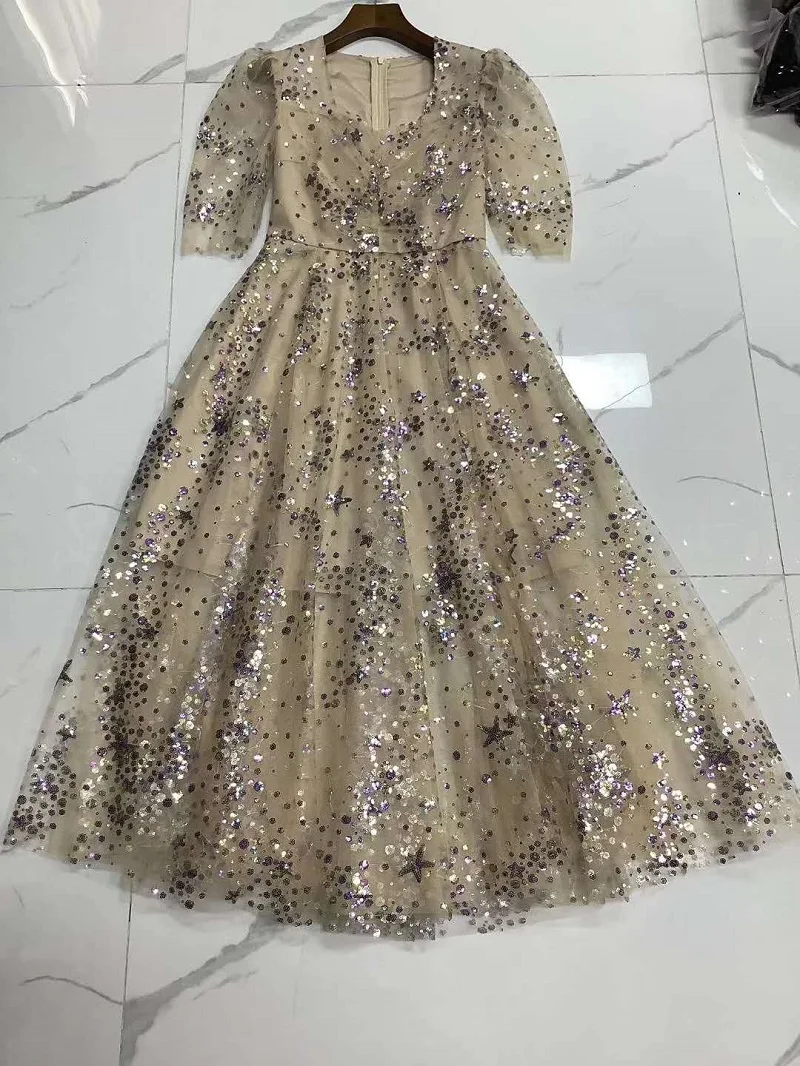 

Sequined Long Dress 2020 Spring Summer Party Events Women Sexy Square Collar Shine Beading Short Sleeve Casual Long Maxi Dress