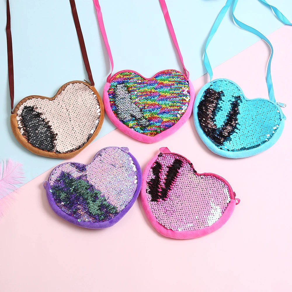 

Cartoon Heart Shaped Children's Small Shoulder Crossbody Bags Lovely Sequin Baby Girls Princess Love Coin Purse Kids Mini Wallet