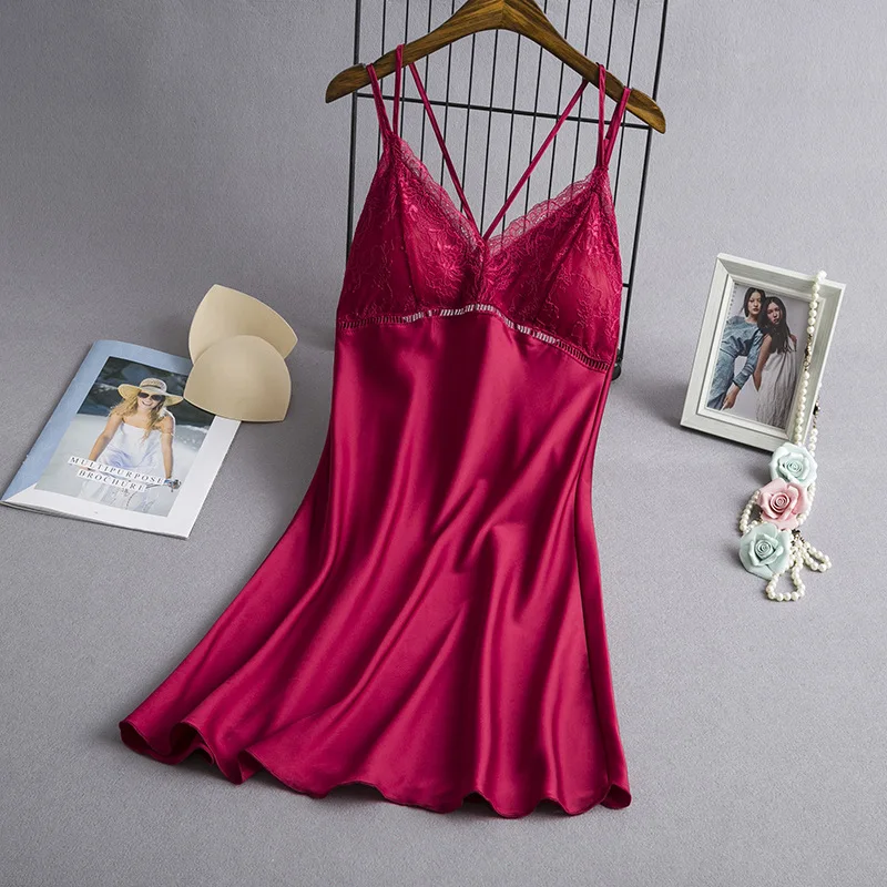 

Сексуальная ночная рубашка с бретельками, атласная пижама, Женская кружевная домашняя Ночная рубашка в стиле пэчворк, шелковистая ночная р...