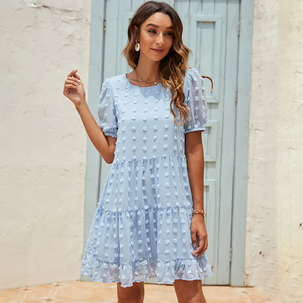 

Summer Mini Short Sleeve Loose Women Dress 2021 Fashion Style O Neck Jacquard Patchwork Solid Boho Beach Casual Dress Robe Femme