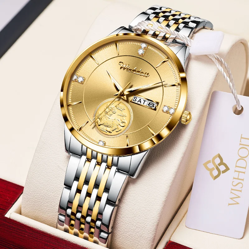 

Men's Casual Business Watch Gold Top Brand Luxury Stainless Steel Watch Men's Clock Fashion Calendar Week Watch