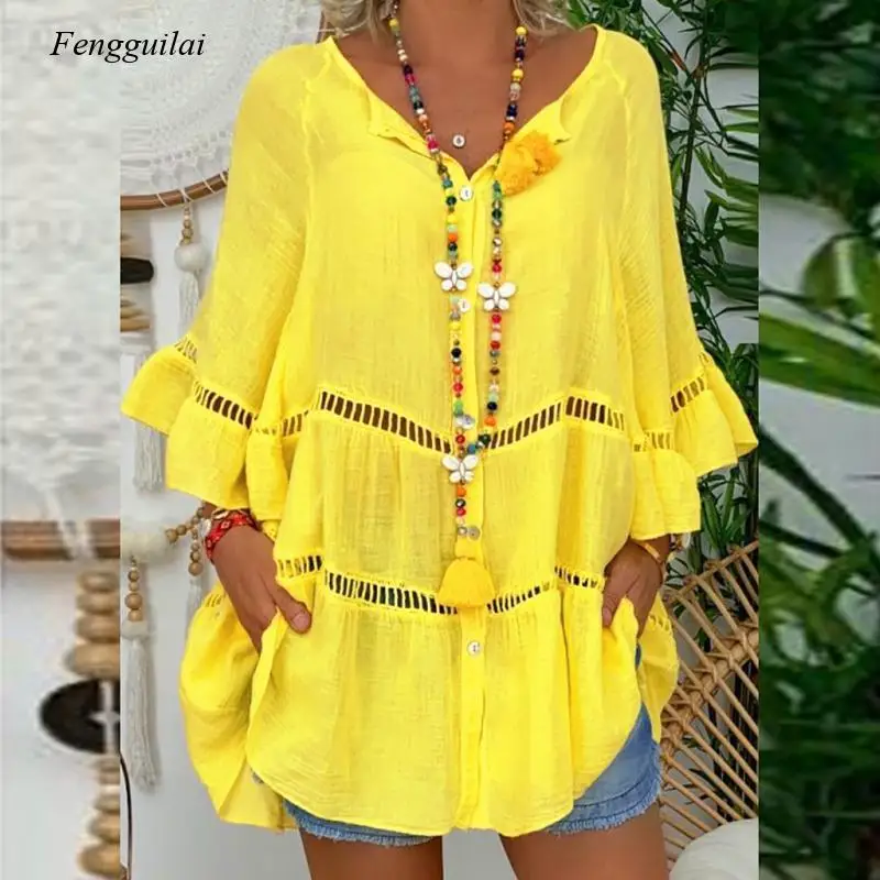 

2021 Fashion Feitong Plus Size Women's Blouse Pure Cotton Linen Hollow 3/4 Long Sleeve V-Neck Pullover