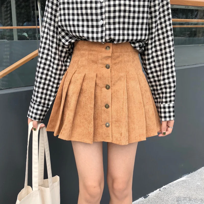 

Corduroy Button Up Pleated Ruffle Skort Mini Aline Skirt Women Fall Winter Vintage High Waisted School Teen Girl Short Skirt 249