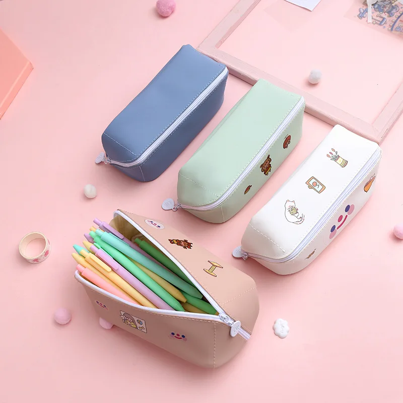

Solid Color Large Capacity Pencil Case PU Supplies Stationery Gift Tools Storage Back To School Presented