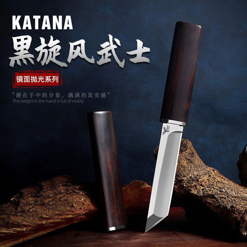 Японский Катана D2 стальной маленький зеркальный нож ручка из черного дерева 58-60HRC