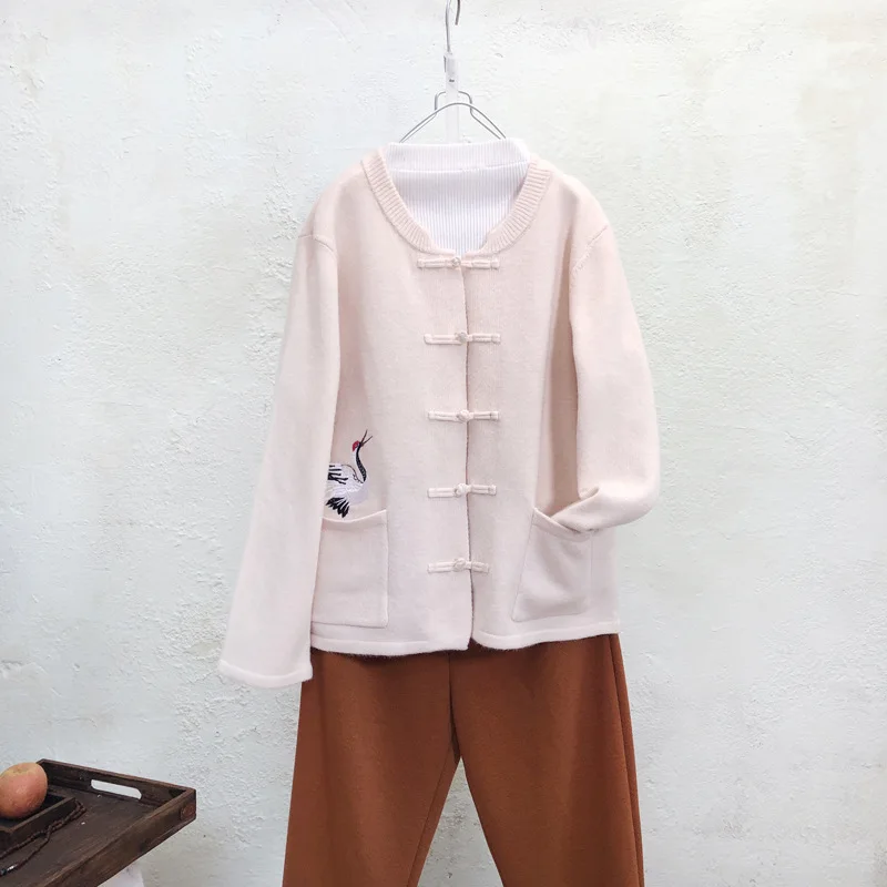 Китайский ветер ретро трикотажные топы пластины кнопки Осень Зима Женский