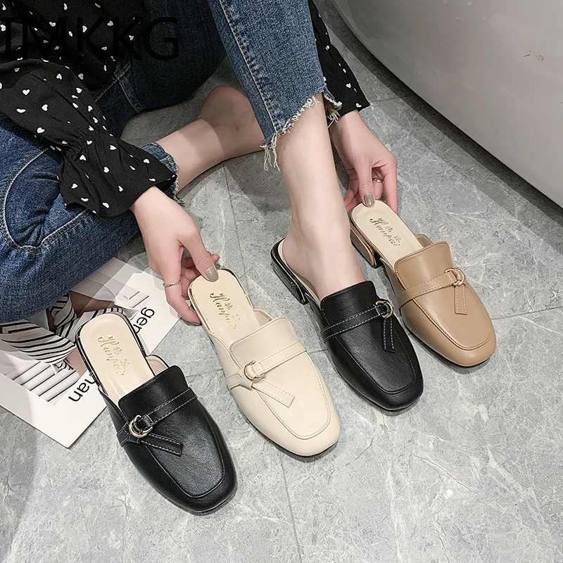 Woman Mules Shoes Outdoor Slippers Female Square Toe low heel Casual Comfortable slippers metal decoration slides | Обувь