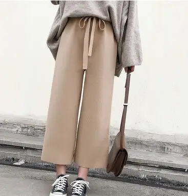 beige Брендовые новые зимние теплые Трикотажные Широкие штаны, женские брюки с высокой талией, женские повседневные штаны в стиле Харадзюку - Цвет: beige