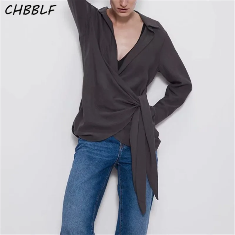 

CHBBLF women elegant v-collar solid blouse long sleeve lacing female Irregular loose pullovers chic tops XDN9178