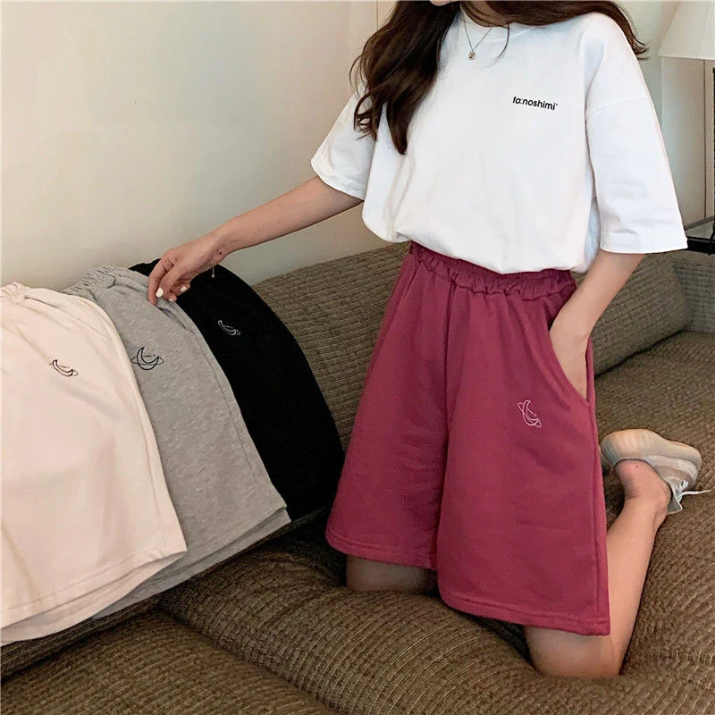 

Шорты FAKUNTN женские с вышивкой, эластичные милые студенческие простые цветные брюки оверсайз в Корейском стиле Харадзюку для милых девушек