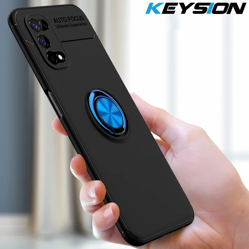 KEYSION Shockproof Phone Case For Realme 7 5G 7 Pro Soft Silicone Metal Ring Stand Phone back cover for Realme V5 5G Q2