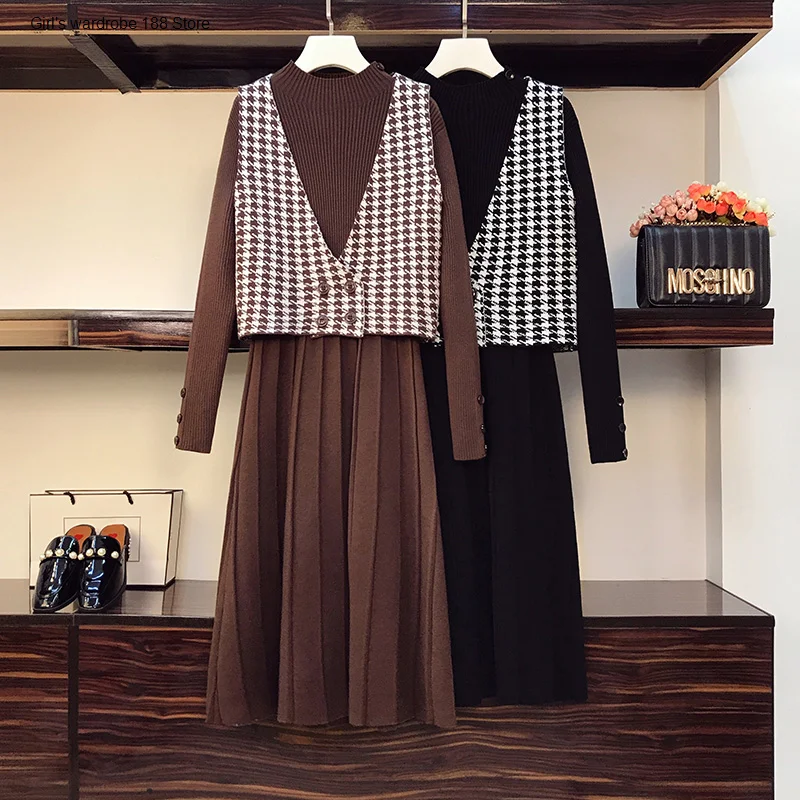 

Large size women's clothing autumn winter 2020 new women's sister slimming aging vest knitted dress two-piece suit