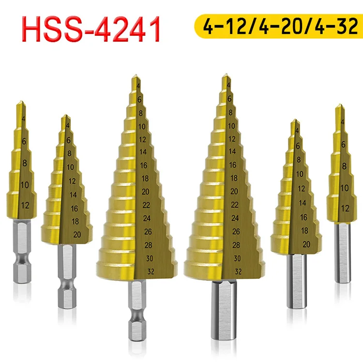 HSS шаг сверла титановое покрытие 4-12 мм 4-22 мм 4-32 мм конус отверстие резак 1/" Шестигранная ручка треугольник ручка бит для металла дерева