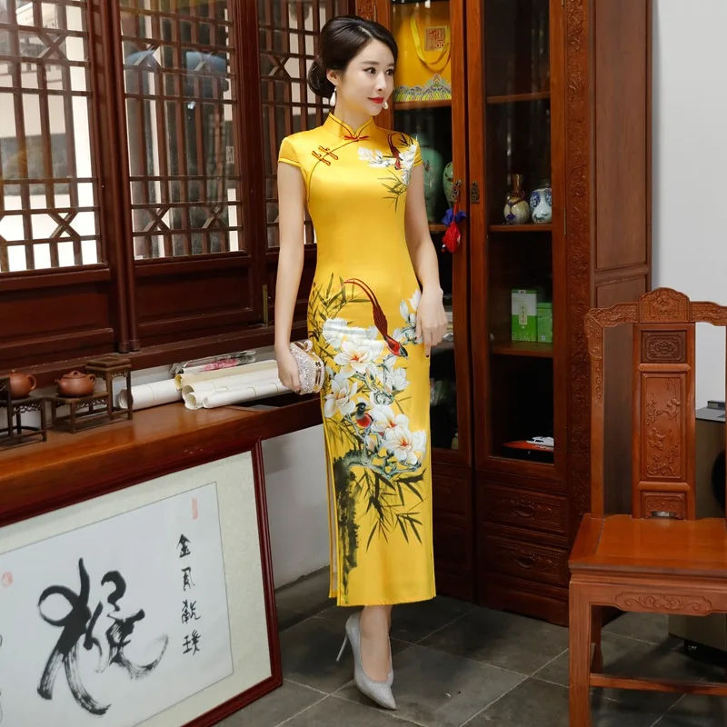 Желтое винтажное вечернее платье свадебное невесты традиционный Ципао