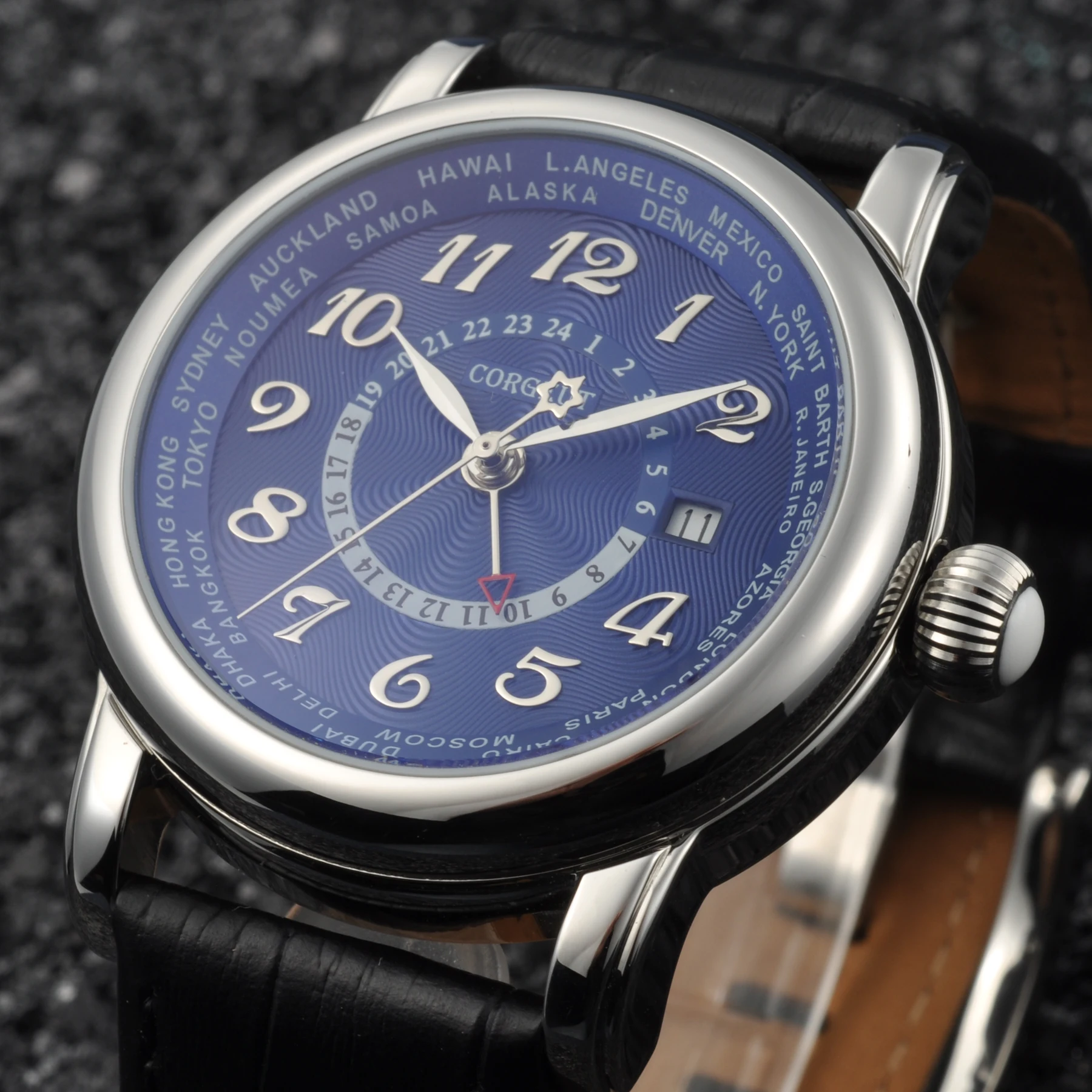 Corgeut 43 мм GMT черный циферблат чехол из нержавеющей стали Натуральная Кожа Дата