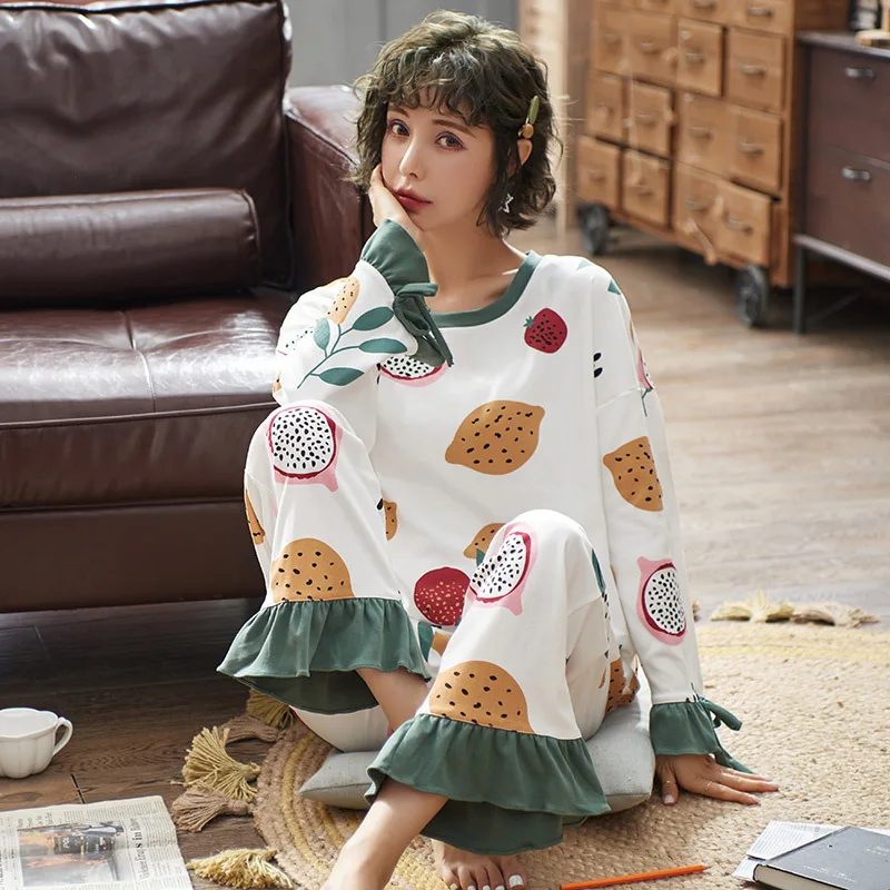 

Long-Sleeved Pajamas Women'S Spring Autumn 100% Cotton Two-Piece Set Home Service Plus Size Women'S Sleepwear M-4XL