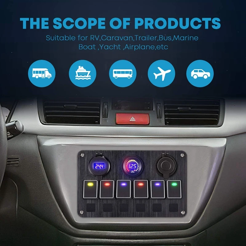 

Waterproof Marine Boat Rocker Switch Panel 6 Gang with QC 3.0 USB Charger +DC 12/24 Volt Socket +LED Voltmeter