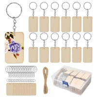 80pcs blank rectangle shaped wooden keychain set 80pcs key rings and hemp rope keychain diy keychain supplies for craft