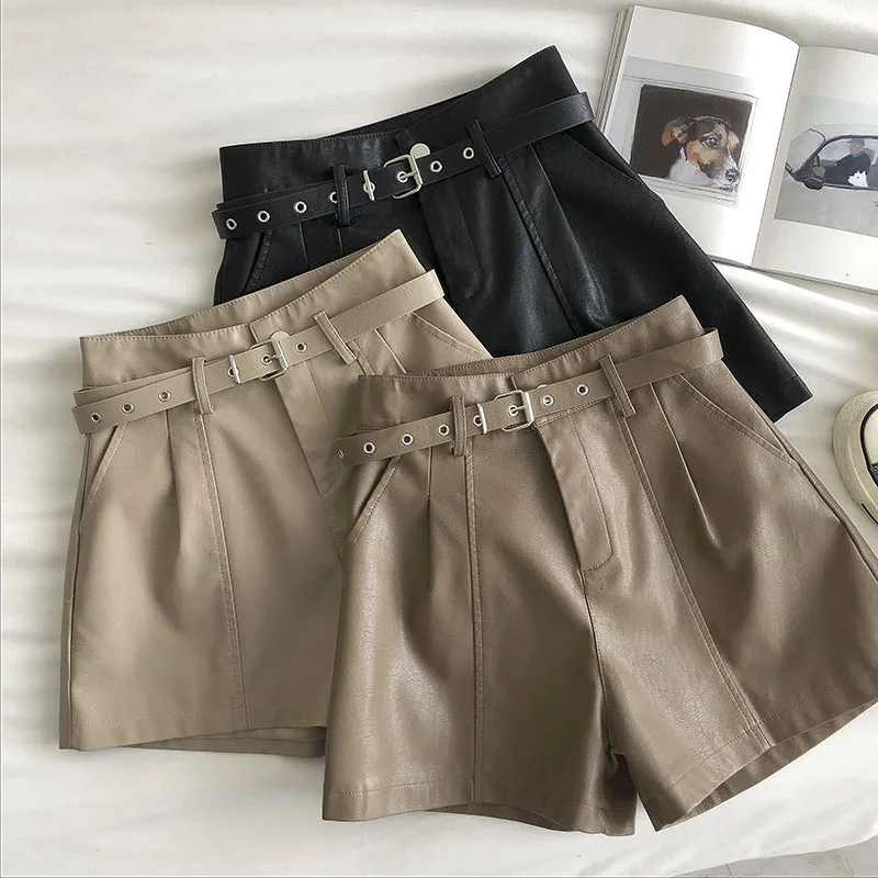

Женские шорты из искусственной кожи, новые модные темпераментные трапециевидные шорты с высокой талией и широкими штанинами на осень и зим...