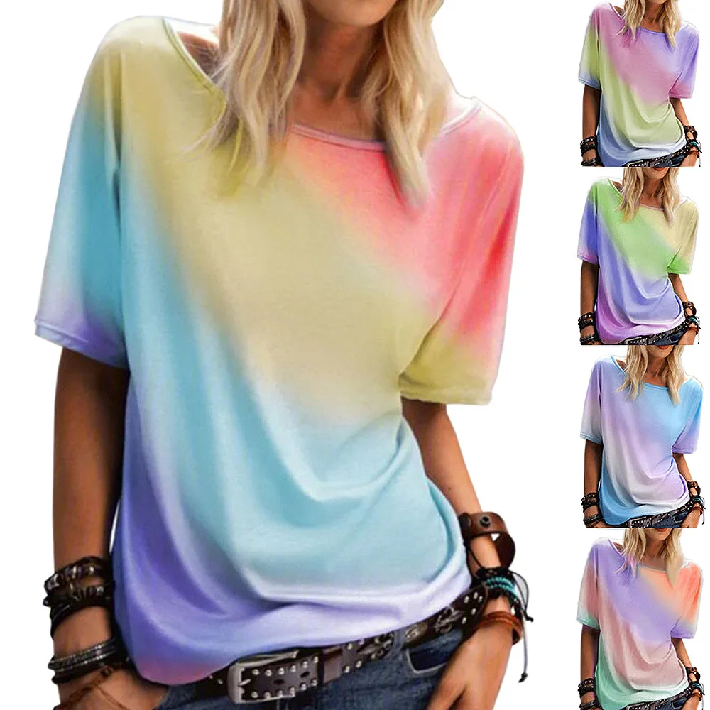 

2022women Clothing Summer Rainbow Gradient Printing Casual Pullover Top Round Neck Short Sleeve Harajuku Loose Sports T-shirt