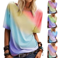 2022women clothing summer rainbow gradient printing casual pullover top round neck short sleeve harajuku loose sports t shirt