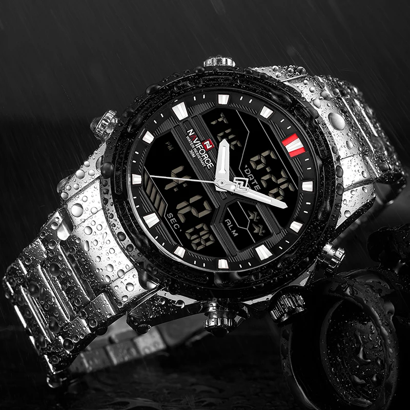 Часы наручные NAVIFORCE Мужские кварцевые роскошные полностью стальные цифровые