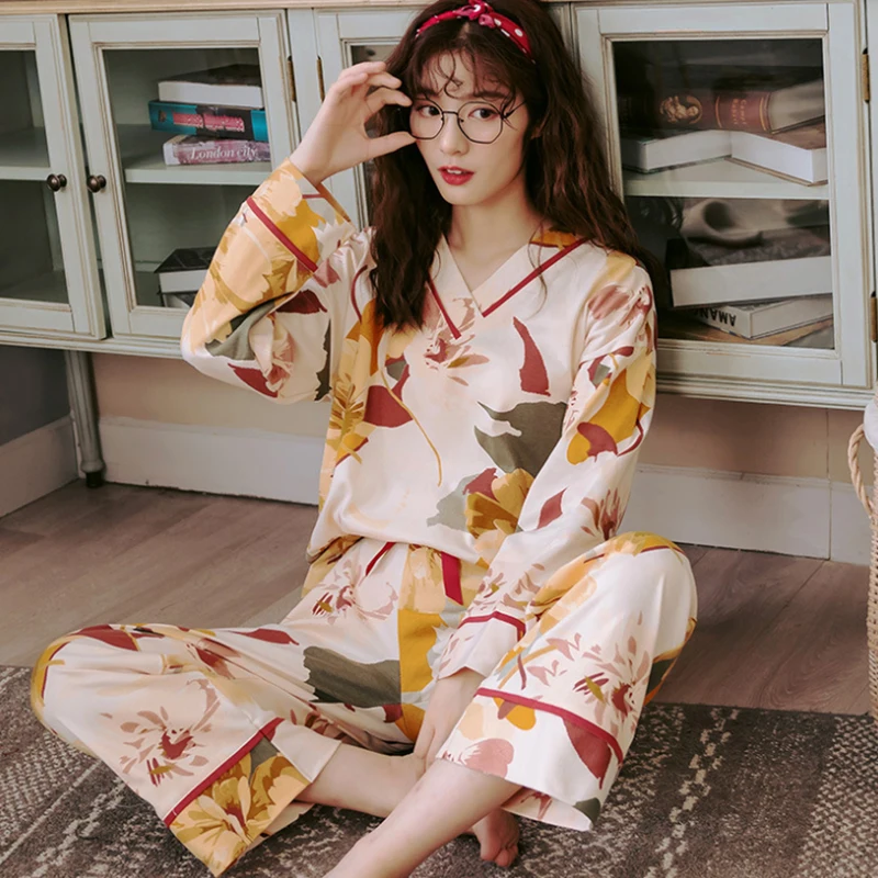 

Комплект пижамный Женский, с длинным рукавом и длинными брюками, весна-лето-осень