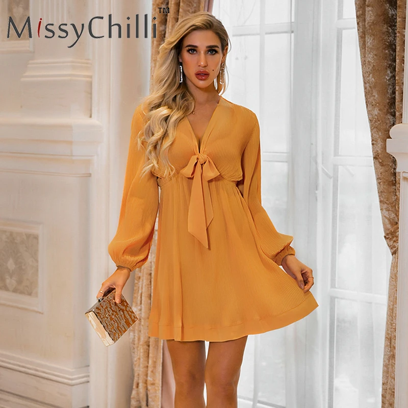 Платье MissyChilli женское желтое с рукавами фонариками треугольным вырезом на