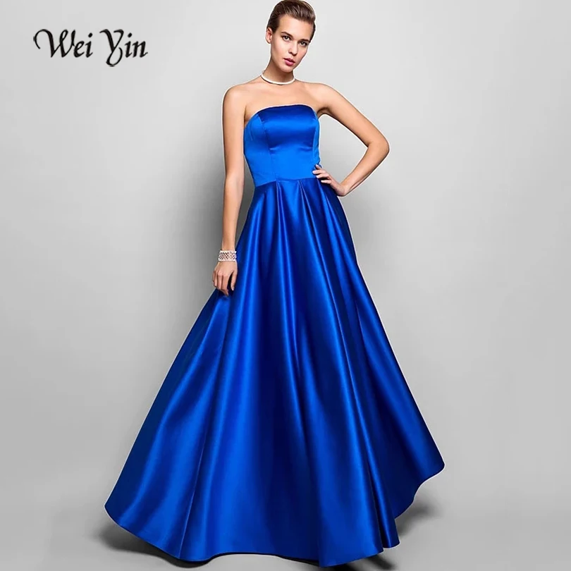 

wei yin AE0471 Vestido de festa longo Sexy Blue Long Evening Dress Strapless A-Line Satin Floor Length Prom Dresses