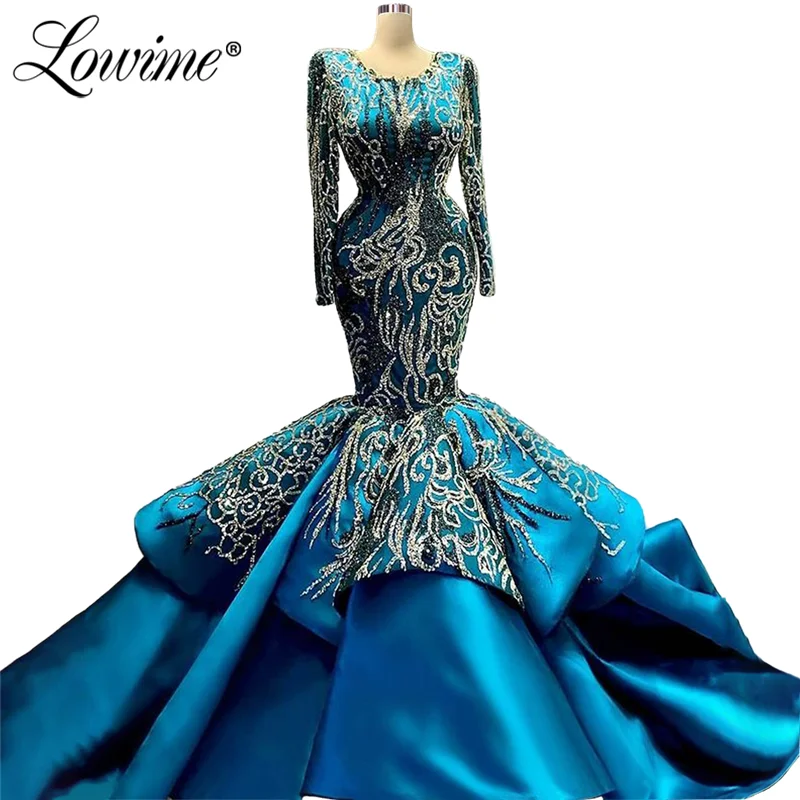 Lowime Muslim Mermaid Luxury Evening Dresses Gowns 2021 Beading Lace Long Sleeves Formal Dress For Women Party Prom Gowns Robes